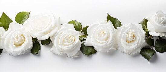 White roses on white background with green leaves