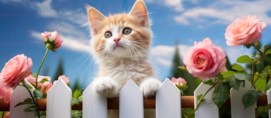 A cat perched on a fence amid blooming roses - obrazy, fototapety, plakaty