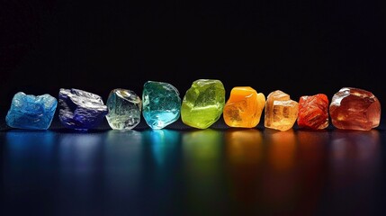 A series of chakra stones arranged in a line, each glowing with a different vibrant color against a stark black background