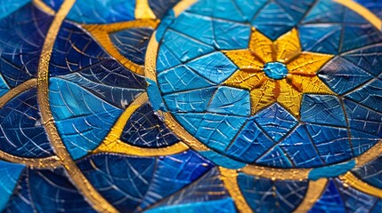 A closeup of a geometric mandala painted in electric blue and bright yellow, representing unity and harmony