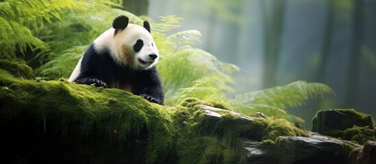 Panda sitting rock forest ferns