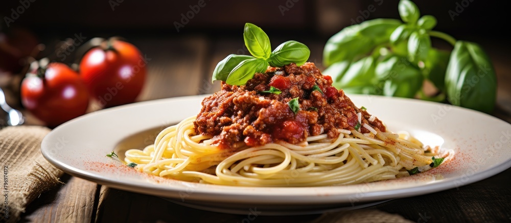 Wall mural A plate of spaghetti with savory meat and assorted vegetables