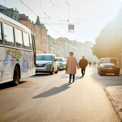 the charm of a sunlight beautiful and different types of paintings on the walls of road surrounded by elegant and luxurious cars, buses and peoples walking on the footpath that provide a scenic view. 