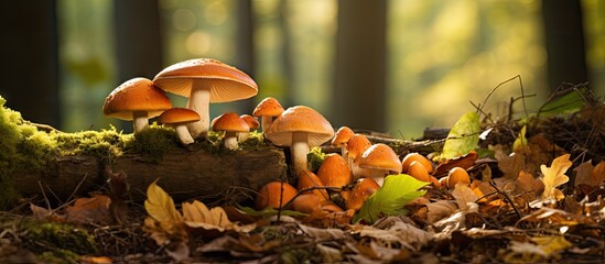 Mushrooms on a woodland log covered with leaves and moss