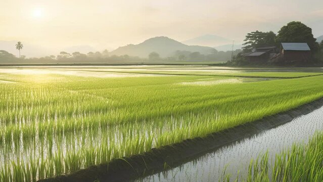 Slow motion rice field at sunset, farmer's agricultural product natural. AI generated.
