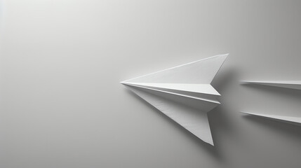 A minimal 3D render of a white paper plane on a white background. The paper plane is in the foreground and is slightly angled to the right.