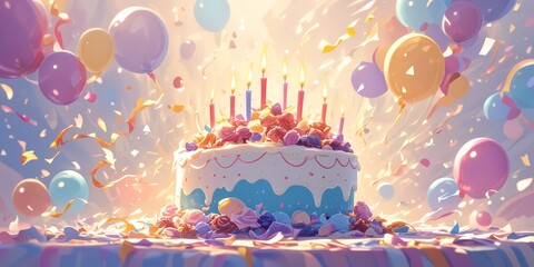 A colorful birthday cake with candles and balloons in the background against a blurred dark purple - obrazy, fototapety, plakaty