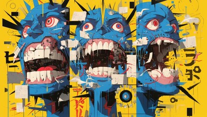 A colorful graffiti mural of three surreal faces with wide open eyes and mouths, surrounded by strange machines and symbols.