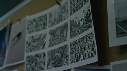 Close-up of storyboard sheet pinned to bulletin board in postproduction team office, with monochrome artistic drawings of scenes from movie or cartoon