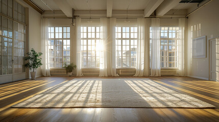 Fototapeta premium A large open room with a white carpet and white curtains. The room is very bright and spacious, with a lot of natural light coming in through the windows