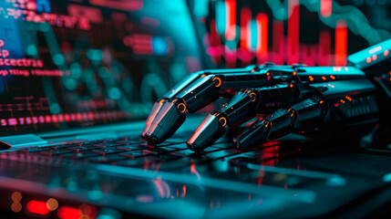 A robot is typing on a laptop keyboard, a close-up of the robotics of the future.