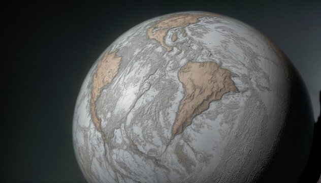 A white and gray globe with brown and gray landmasses
