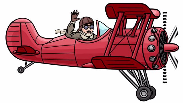 The pilot flies a red vintage biplane and waves his hand. Looped video.