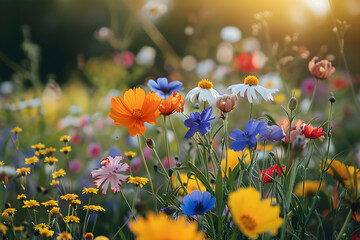A vibrant wildflower meadow in spring, showcasing the beauty of nature and the colorful blooms of various plant species.