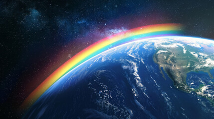 The Planet Earth has a rainbow coming from it extending into space