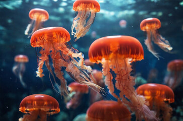 Eine Gruppe orangefarbener Quallen, elegant im klaren blauen Ozean treibend. Die leuchtenden Orangetöne stechen hervor, bilden einen Kontrast zum Wasser. Die Quallen wirken wie schwebende Kunstwerke. - obrazy, fototapety, plakaty
