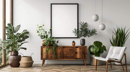 A living room with a white wall and a wooden cabinet. The room is decorated with plants and has a modern and minimalist style