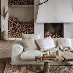 A complete living room with a white sofa with a blanket, wooden table and fireplace behind
