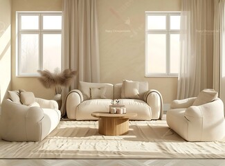 Modern living room interior with beige walls a sofa and armchairs near the window a wooden coffee table on the carpeted floor