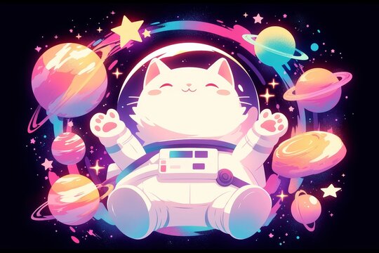 A cat astronaut in space, surrounded by planets and stars. The artwork is colorful with neon colors on a black background.