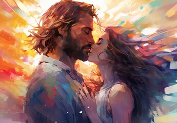 Passionate kiss between charming handsome lovers. Colorfull image of loving couple. Cropped close up profile. Digital art in the style of a painted picture. Illustration for cover, card or print. - 796979107
