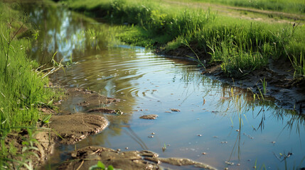 A muddy stream with grass growing on the bank