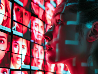 A woman is looking at a screen with many faces on it