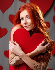 Valentines concept - Red hair young woman hugging a red heart shaped chocolate gift box