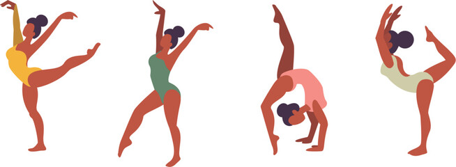 4 girls practicing gymnastic mouvements. Atletic woman. Olympic games. Vector illustration. Separated items on a white background.