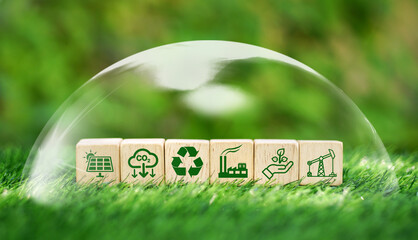 CO2 emission reduction, green business icon on wooden block inside of bubble on grass background. Sustainable development concept, environment friendly and World Environment Day.Reforestation.