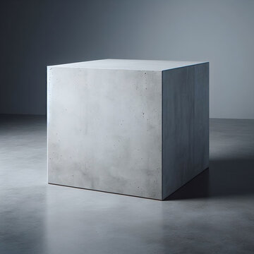 A minimalist concrete cube placed on a smooth grey background with soft lighting, portraying simplicity and solidity. This is an empty space and copy space mockup.