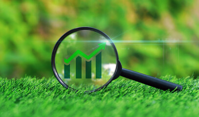Magnifying glass focused on bar graph with arrow up on the grass in green garden background. Growth trend  performance,new action plan and success concept. Business goal setting and strategies.