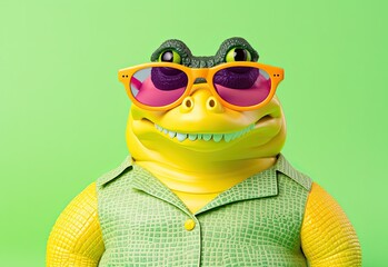 A close-up of an alligator wearing sunglasses. Anthopomorphic image. A fictional character for advertising and marketing. Humorous character for graphic design. - 796980103