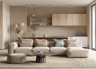 Modern living room interior with beige walls minimalistic furniture and kitchen set up in the background