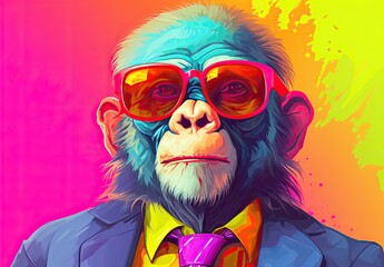 Macaque with glasses. Close-up portrait of a macaque. Anthopomorphic creature. A fictional character for advertising and marketing. A humorous character for graphic design. - 796980132
