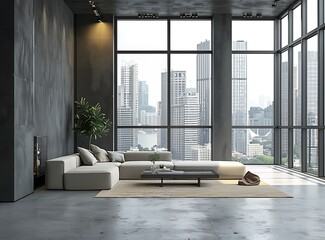 Modern living room interior with gray walls concrete floor and big windows with a city view - Powered by Adobe