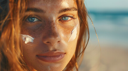 Close up portrait of an attractive woman with sun cream on her face against a beach background