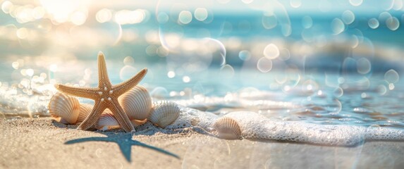 Serene beach scene with starfish and shells on the sandy shore, sparkling ocean backdrop, and a sunlit, bokeh effect. Summer holiday background