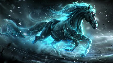 A mystical horse that symbolizes the power of the natural element. A hoofed animal (stallion or mare) running fast. Illustration for cover, card, interior design, brochure or presentation. - 796980356