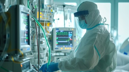 Doctor working in hospital patient room.