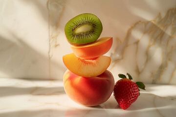 tasty and healthy fresh fruits balancing on each other, peach, kiwi and strawberry full of vitamins and antioxidants