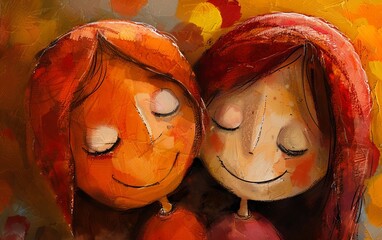 Two female faces close-up with smiles on their faces. The scene is friendly and warm. The girlfriends are chatting nicely. Cartoon characters in graffiti style. Design for cover, card, postcard, etc. - 796980709