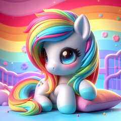 A colorful 3D illustration of a cute cartoon pony with a rainbow mane and tail sitting in a magical candy land.