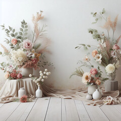 Elegant floral arrangement featuring pastel flowers and vases placed on a white wooden floor against a neutral backdrop.