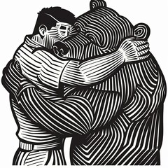 A man hugs a huge bear. A druid and his animal friend. Cartoon characters in pencil drawing style. Black and white image. Tribal style. Illustration for cover, card, postcard, decor or print. - 796981157