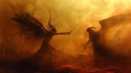 Two angels are sword fighting. The scene is tense and dramatic. A battle of good and evil. A mythical plot. Illustration for cover, card, postcard, interior design, decor or print. - 796981177