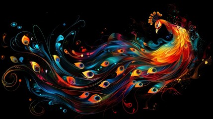 A colorful peacock with swirly feathers on a black background. A magical creature made of fire. - 796981350