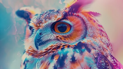 Naklejka premium Abstract animal Owl portrait with colorful double exposure paint