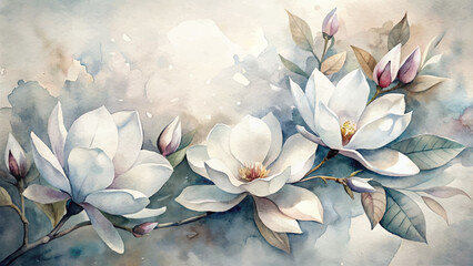 Watercolor background magnolia blossoms