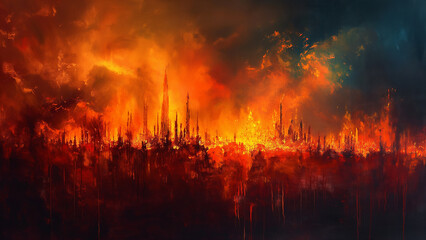 abstract oil painting of a wildfire burning a forest